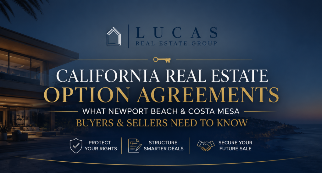 California real estate option agreements for Newport Beach and Costa Mesa buyers and sellers, presented by Lucas Real Estate Group.