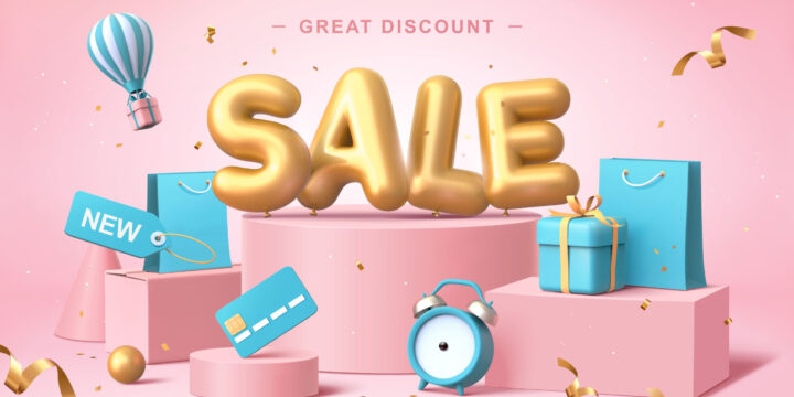 a "sale" logo with presents and a "sale" sign