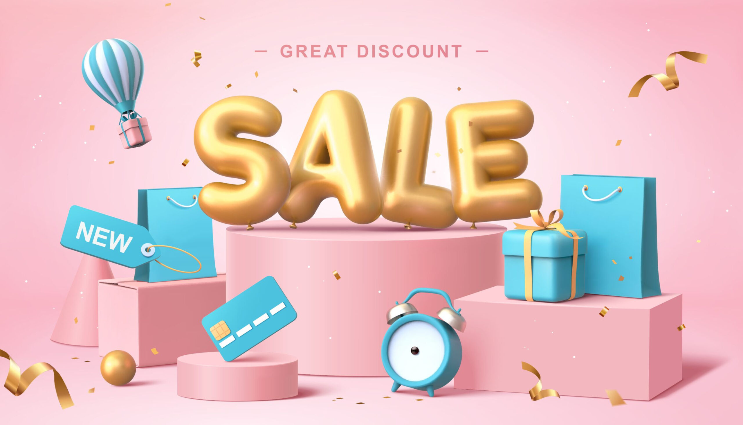 a "sale" logo with presents and a "sale" sign