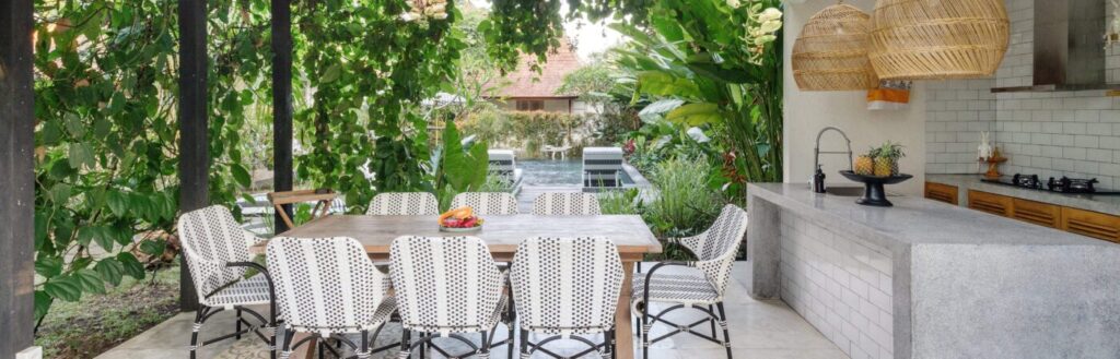 Outdoor patio set up with table and chairs