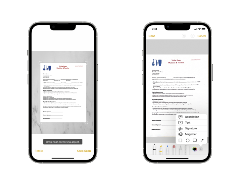 Two iphones with screens showing how to scan documents and add signatures