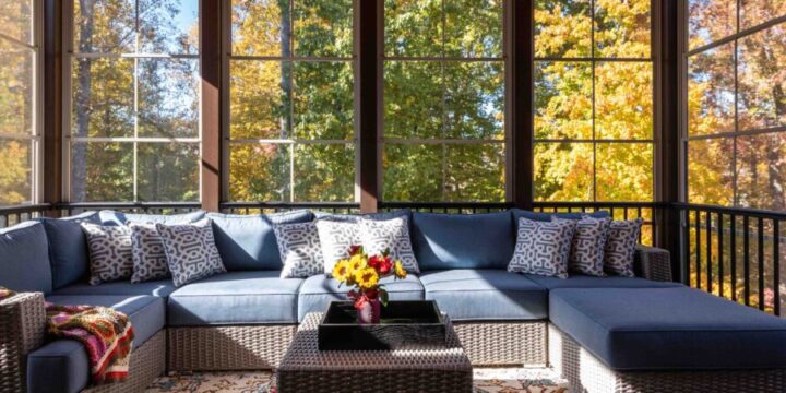 cozy screened porch with couch and fall leaves in the background