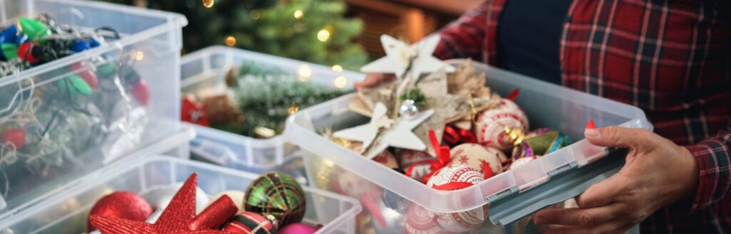 holiday decorations stored in bins