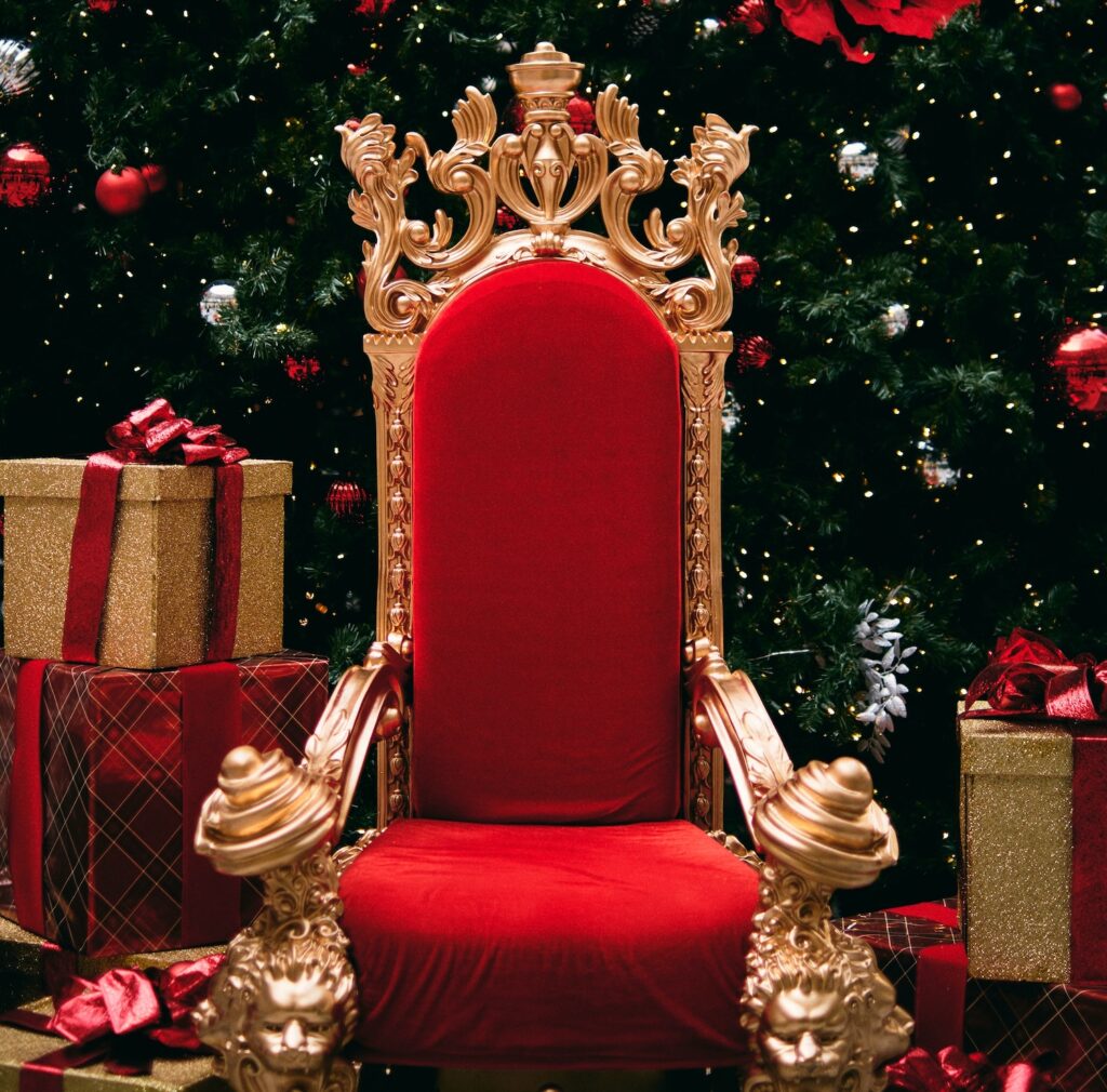 Red santa chair with Christmas background