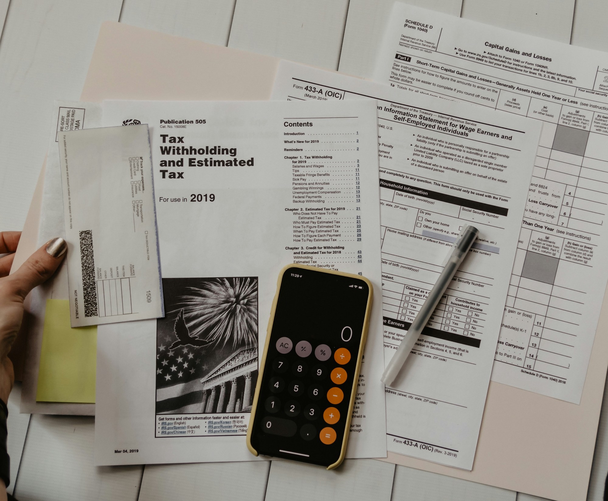 tax forms and a calculator on a desk