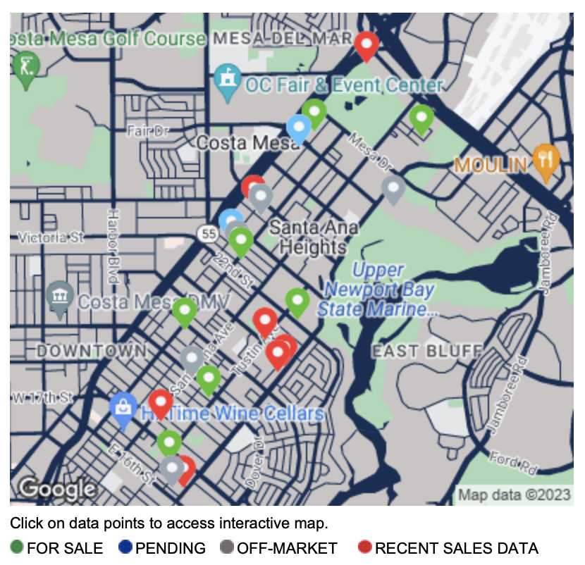 map of eastside costa mesa home sales as of december 2023