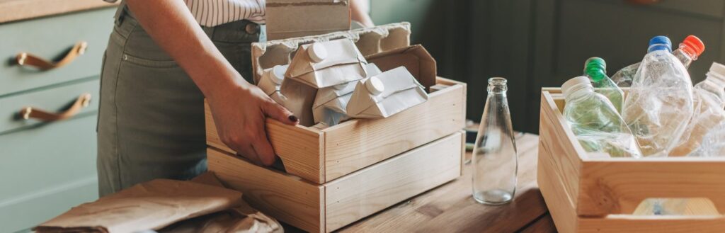 person clearing out boxes of plastic bottles