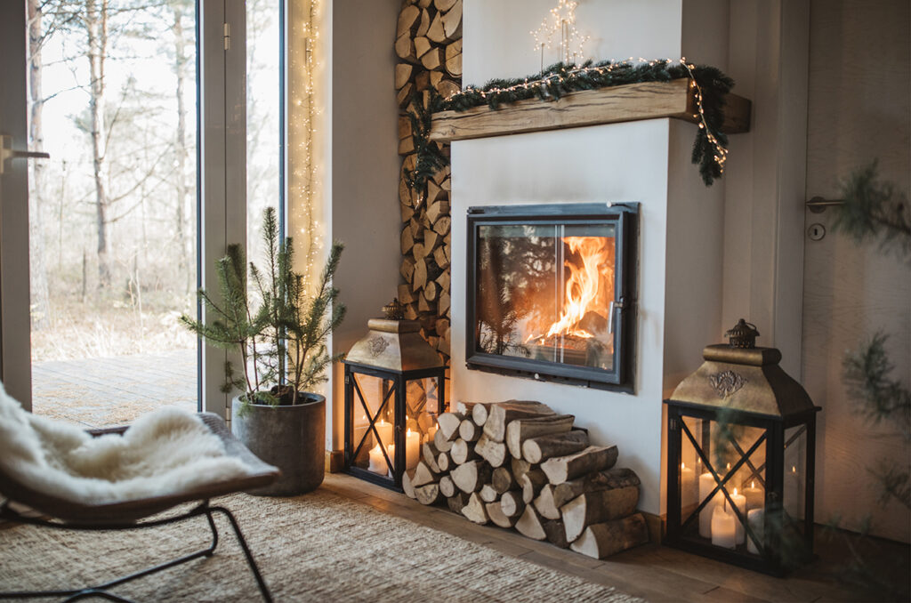 living room with warm fireplace