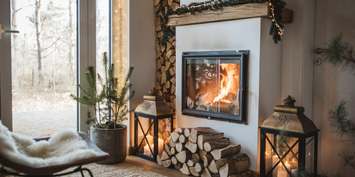 living room with warm fireplace