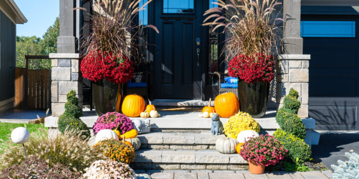 exterior of home with fall decor including pumkins!