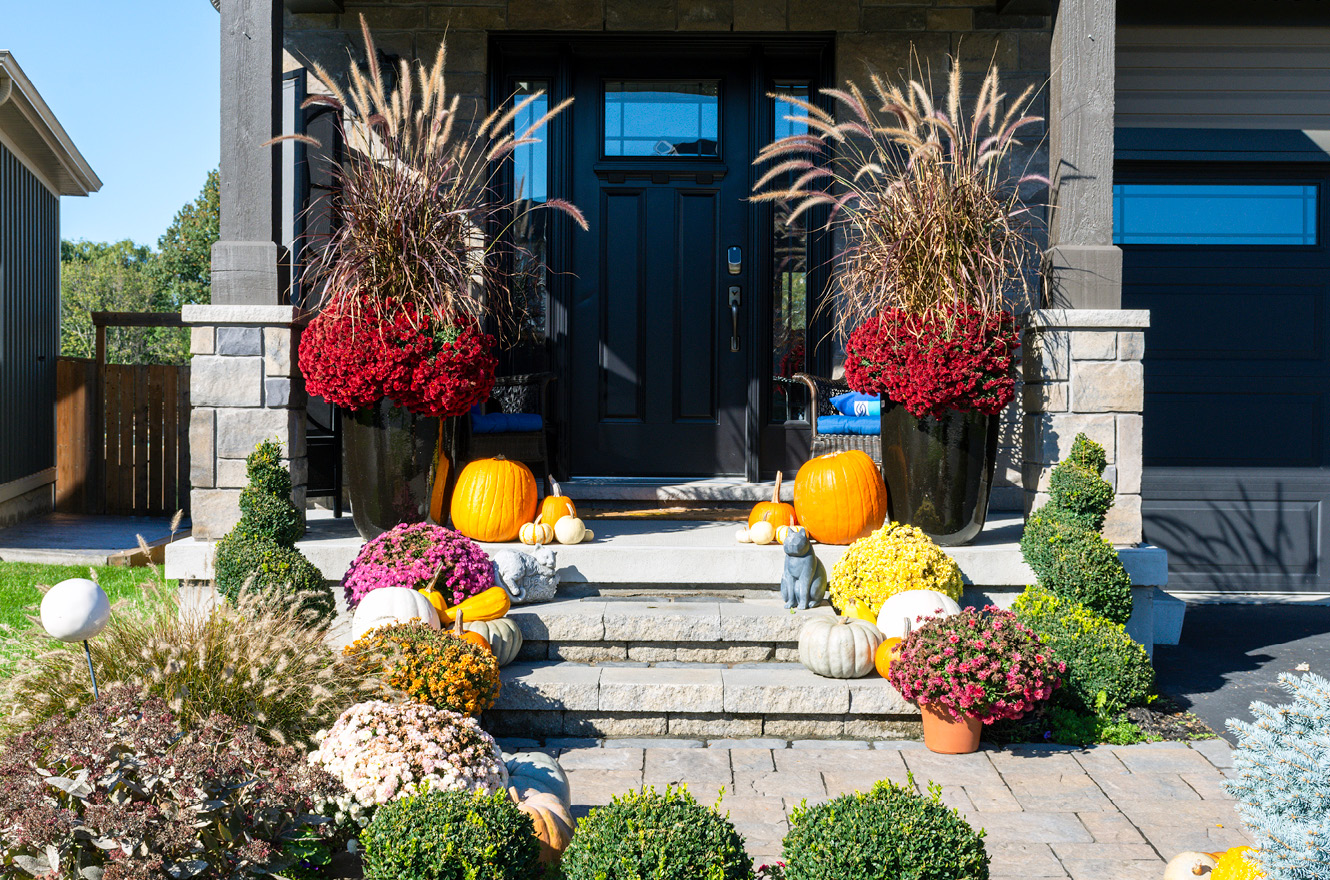 exterior of home with fall decor including pumkins!