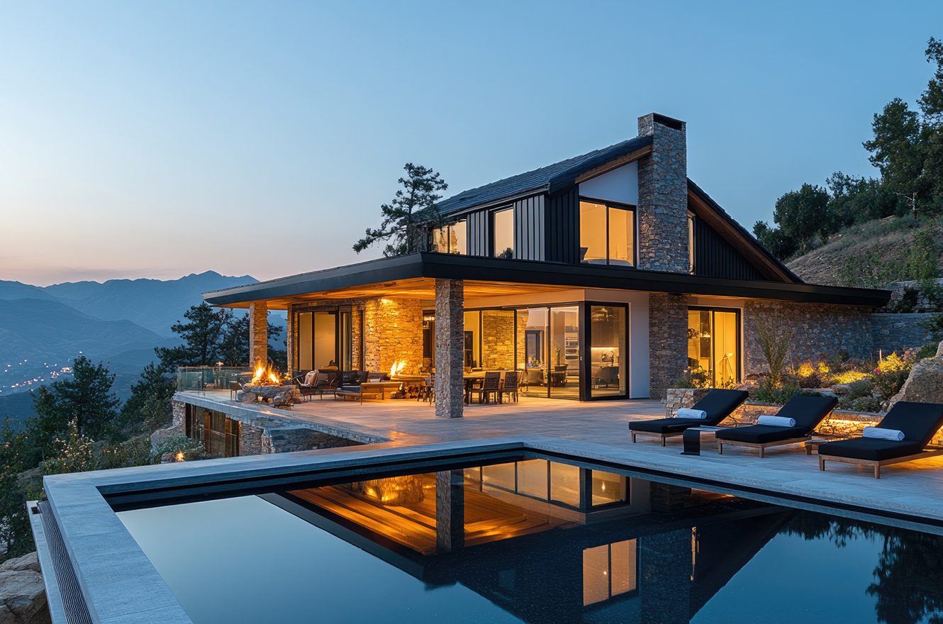 Exterior of mountain home at sunset with designer pool