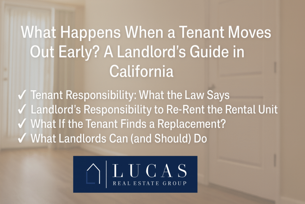 Informational graphic titled 'What Happens When a Tenant Moves Out Early? A Landlord’s Guide in California' with a blurred apartment interior in the background. The text highlights key topics: Tenant Responsibility, Landlord’s Responsibility to Re-Rent, What If the Tenant Finds a Replacement, and What Landlords Can (and Should) Do. The Lucas Real Estate Group logo is centered at the bottom.