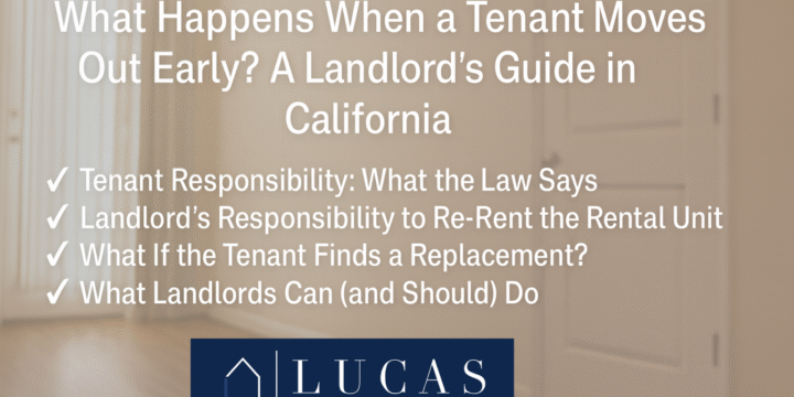 Informational graphic titled 'What Happens When a Tenant Moves Out Early? A Landlord’s Guide in California' with a blurred apartment interior in the background. The text highlights key topics: Tenant Responsibility, Landlord’s Responsibility to Re-Rent, What If the Tenant Finds a Replacement, and What Landlords Can (and Should) Do. The Lucas Real Estate Group logo is centered at the bottom.