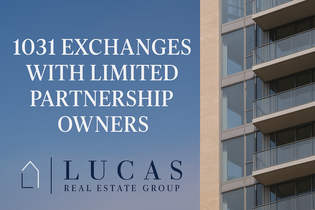 Promotional graphic for Lucas Real Estate Group featuring the headline “1031 Exchanges with Limited Partnership Owners” over a background image of a modern high-rise building with beige stone cladding and glass balconies, accompanied by the Lucas Real Estate Group logo at the bottom.