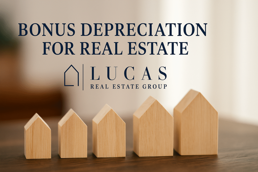 A digital photograph featuring five wooden house models of increasing size on a polished wooden surface, with soft indoor lighting and a blurred neutral background. Centered above the houses is the text “BONUS DEPRECIATION FOR REAL ESTATE,” and below it is the Lucas Real Estate Group logo with a minimalist house outline and refined serif lettering. The overall design is professional, high-end, and well-spaced for social media or website display.