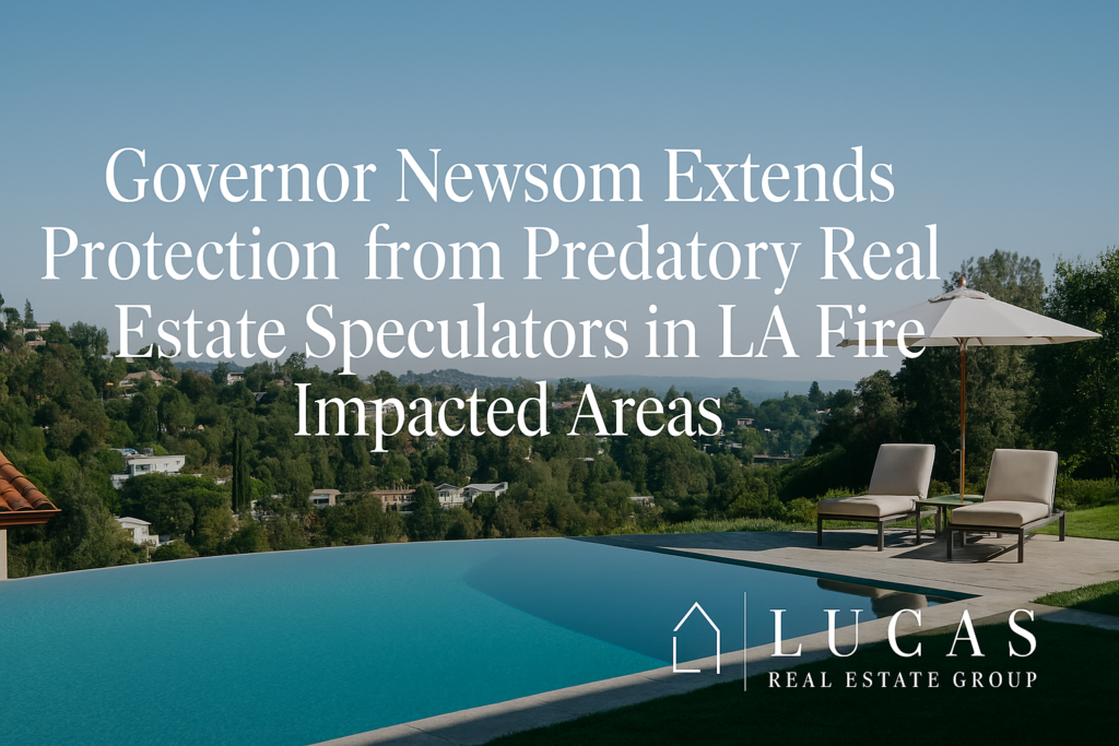 nice pool home backyard with text overlay "governor extends protection from predatory real estate speculators in la fire impacted areas.