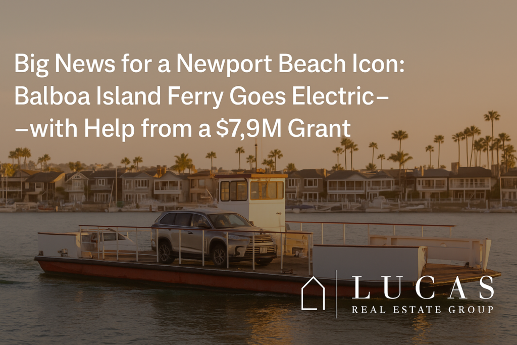 balboa island ferry at sunset with text overlay about pending electrification