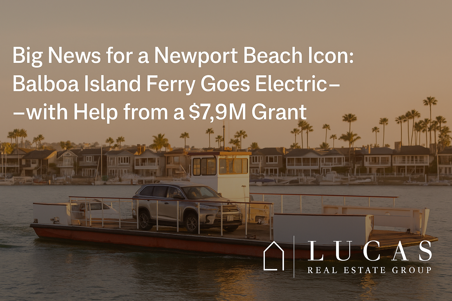 balboa island ferry at sunset with text overlay about pending electrification