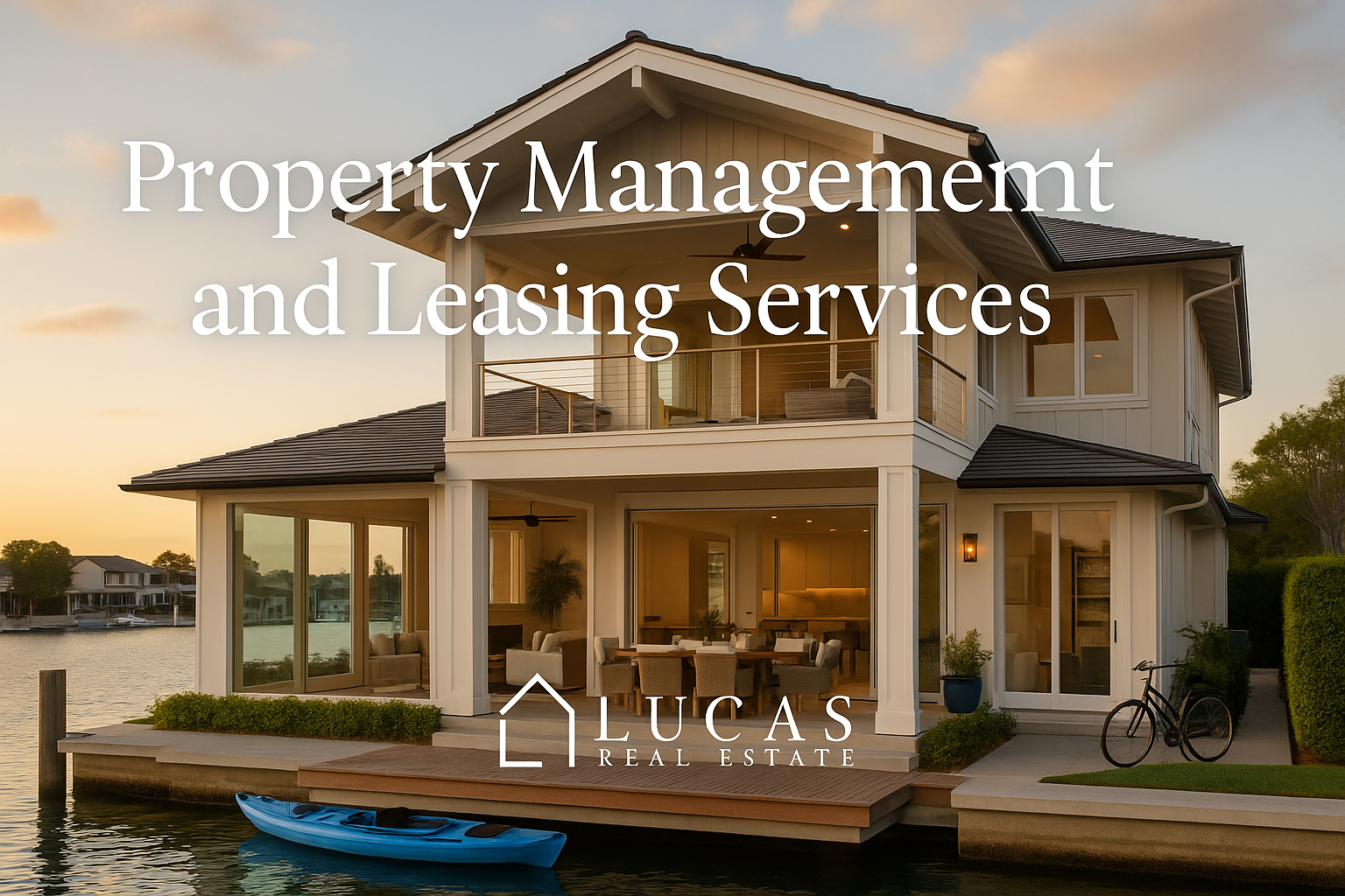 Modern waterfront home at sunset with large glass windows, a dock, kayak, and lush landscaping, overlaid with text reading ‘Property Management and Leasing Services’ and the Lucas Real Estate logo.