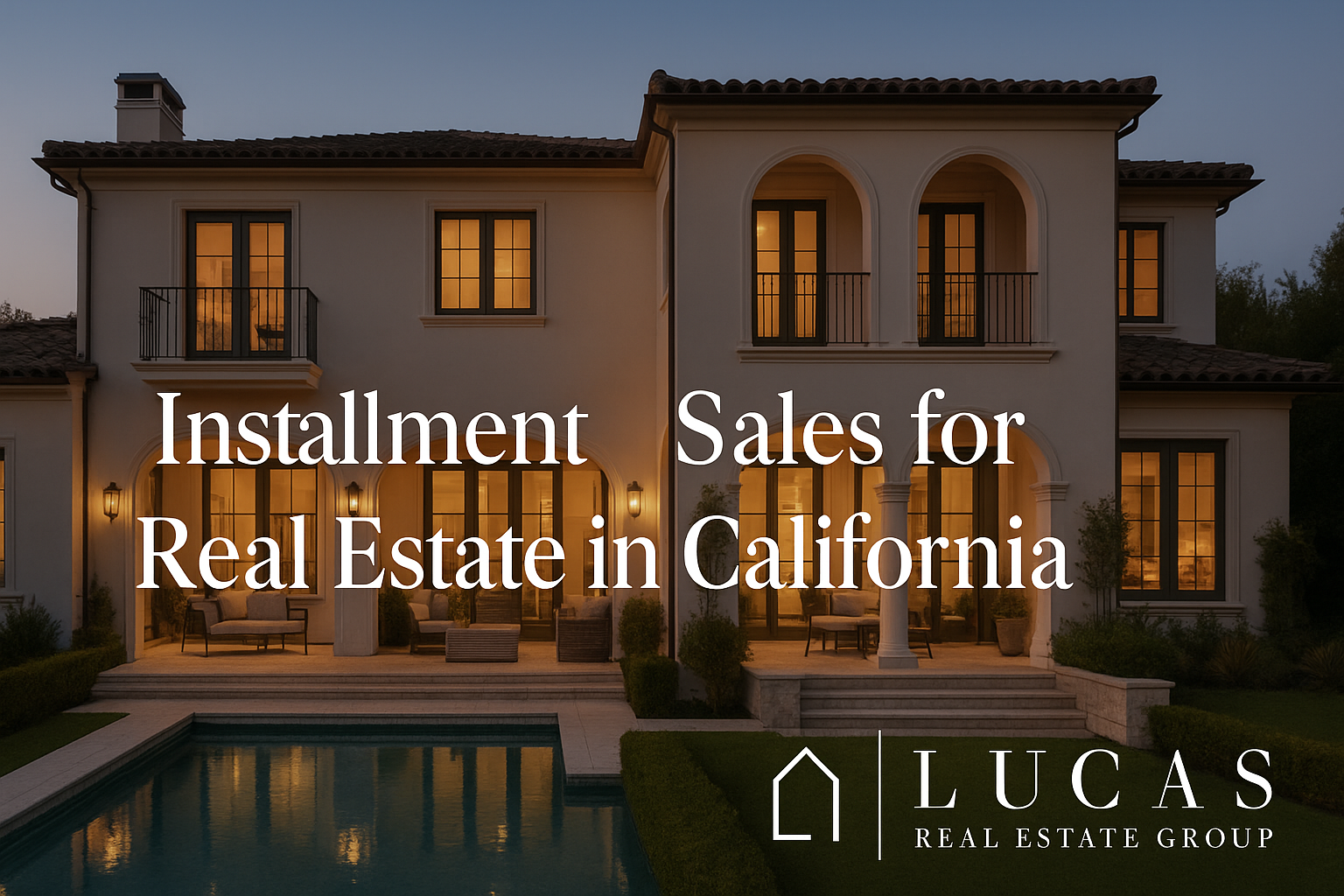 A high-end Mediterranean-style estate at twilight with warm interior lights, arched windows, and a serene pool in the foreground. Overlaid text reads “Installment Sales for Real Estate in California.” The Lucas Real Estate Group logo is displayed prominently at the bottom, unaltered, maintaining its transparent background and clean design.