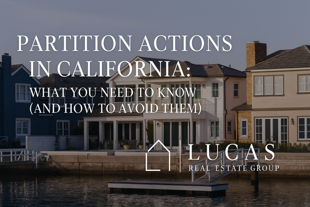 waterfront homes with text overlay of "partition actions in California"