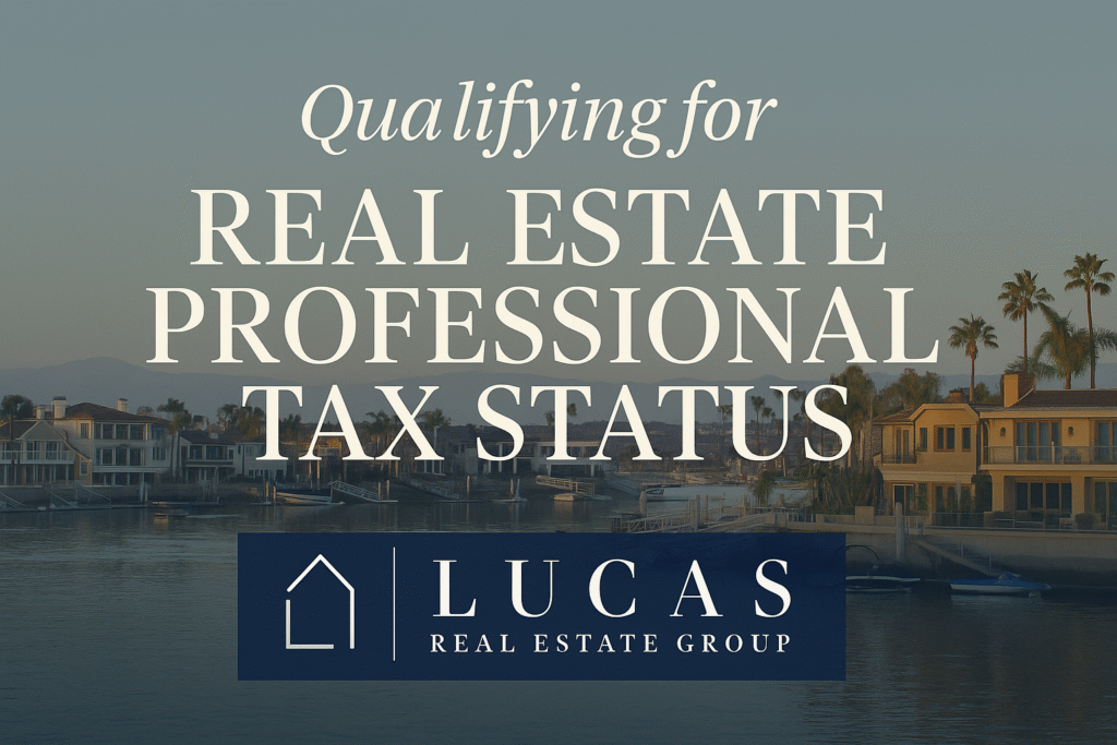 Professional graphic promoting real estate tax benefits through Real Estate Professional Tax Status, featuring the Lucas Real Estate Group logo on a clean, upscale background with elegant, modern design elements.