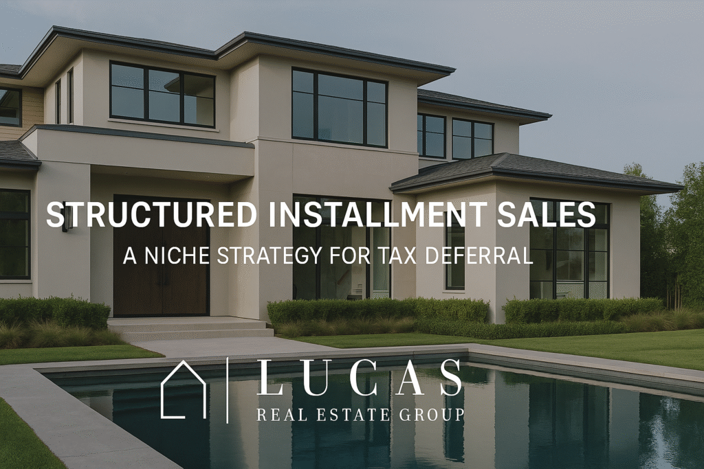 Promotional graphic for Lucas Real Estate Group featuring the centered headline "Structured Installment Sales – A Niche Strategy for Tax Deferral" over a modern luxury home with clean architectural lines, expansive windows, and a reflecting pool. The Lucas Real Estate Group logo is displayed prominently at the bottom.