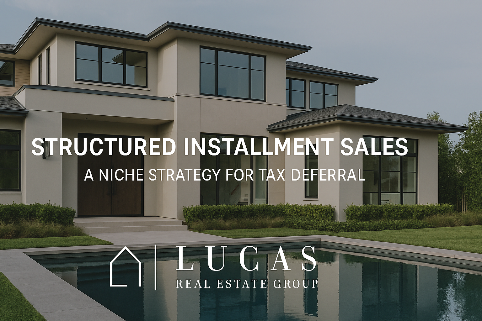 Promotional graphic for Lucas Real Estate Group featuring the centered headline "Structured Installment Sales – A Niche Strategy for Tax Deferral" over a modern luxury home with clean architectural lines, expansive windows, and a reflecting pool. The Lucas Real Estate Group logo is displayed prominently at the bottom.