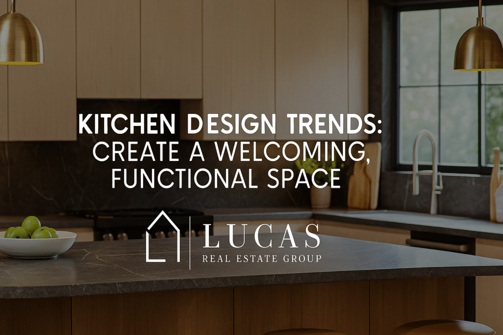 Modern kitchen interior featuring a marble island, brass pendant lights, sleek neutral cabinetry, and natural wood accents, with the Lucas Real Estate Group logo and the title "Kitchen Design Trends: Create a Welcoming, Functional Space" centered on the image.