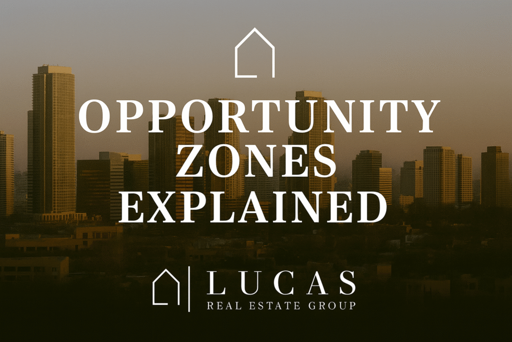 Promotional graphic featuring the phrase "Opportunity Zones Explained" in bold white text centered over a city skyline at sunset, with the official Lucas Real Estate Group logo at the bottom center on a transparent background.