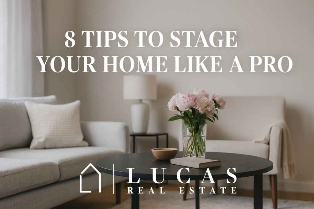 Elegant living room with soft neutral tones, a modern sofa, and a vase of pink flowers on a coffee table. The text reads “8 Tips to Stage Your Home Like a Pro” with the Lucas Real Estate logo centered below, maintaining a clean and luxurious aesthetic.
