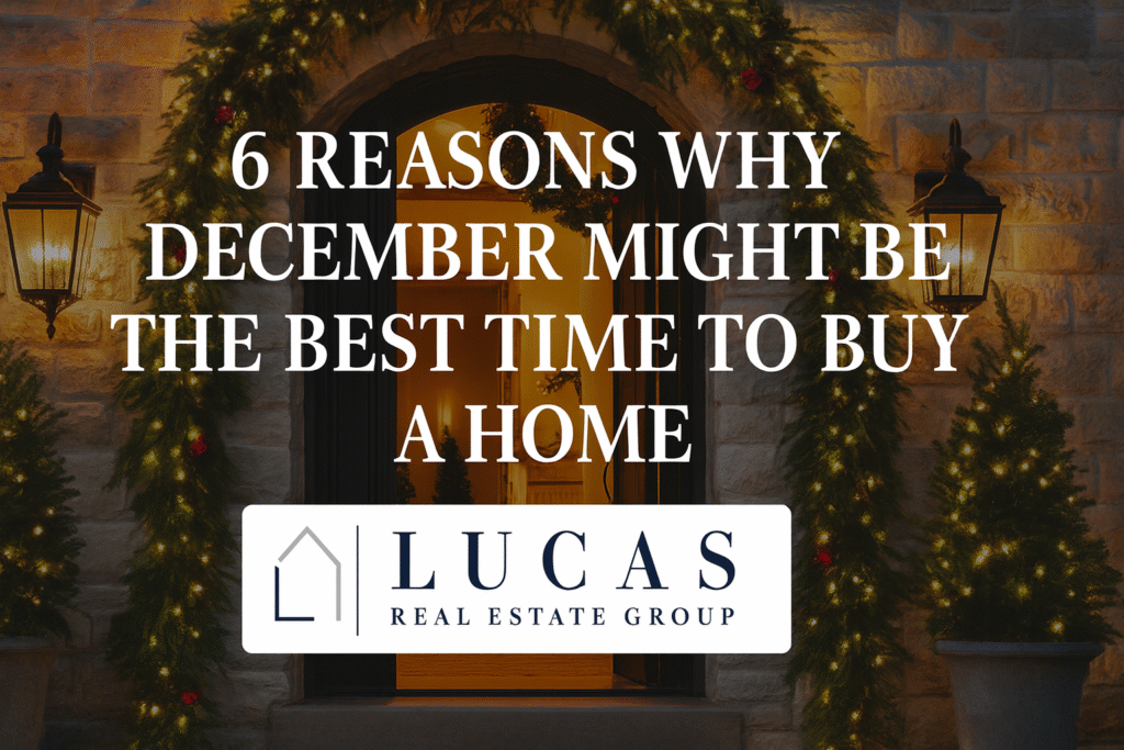 Elegant holiday-decorated home entrance with warm lighting, featuring centered text stating ‘6 Reasons Why December Might Be the Best Time to Buy a Home’ and the Lucas Real Estate Group logo below
