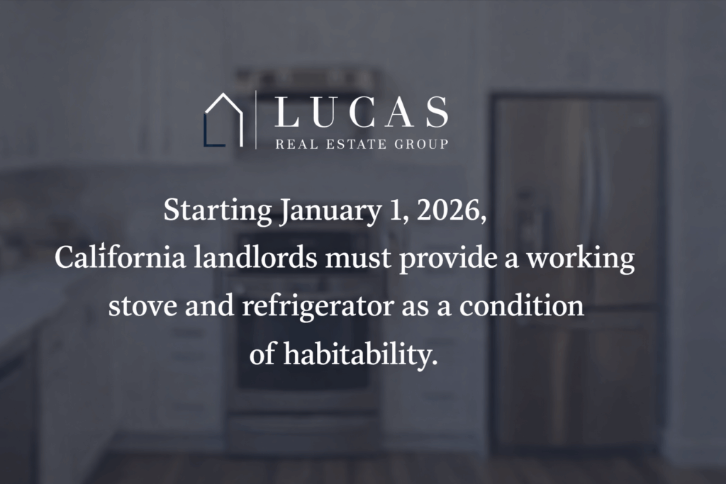 Graphic announcing a California landlord–tenant law update effective January 1, 2026, stating that landlords must provide a working stove and refrigerator as a condition of habitability, with the Lucas Real Estate Group logo centered over a modern kitchen background.