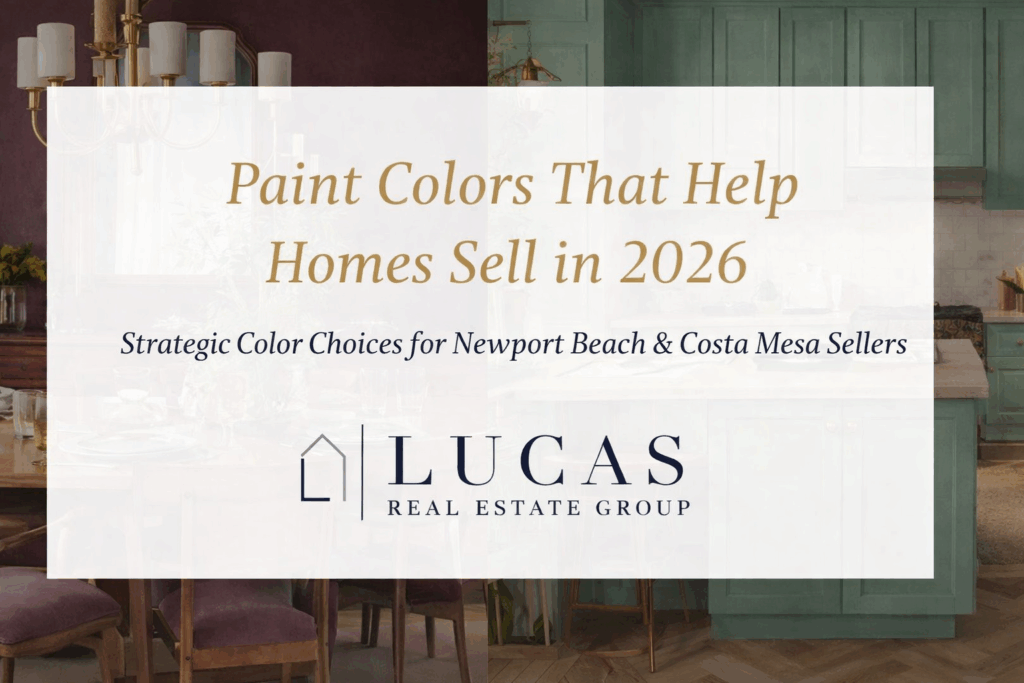 Paint colors that help homes sell in 2026 graphic for Newport Beach and Costa Mesa sellers, with interior design imagery and the Lucas Real Estate Group logo.