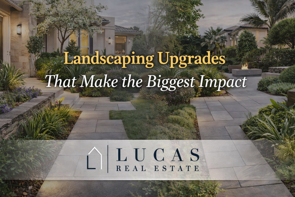 Newport Beach style home with modern landscaping, stone pathways, and greenery, promoting landscaping upgrades that boost curb appeal with Lucas Real Estate branding.