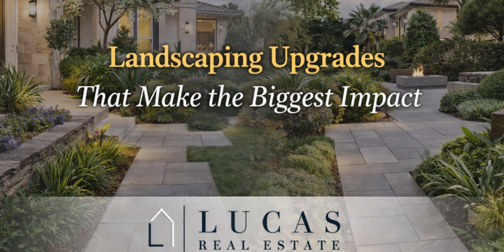 Newport Beach style home with modern landscaping, stone pathways, and greenery, promoting landscaping upgrades that boost curb appeal with Lucas Real Estate branding.