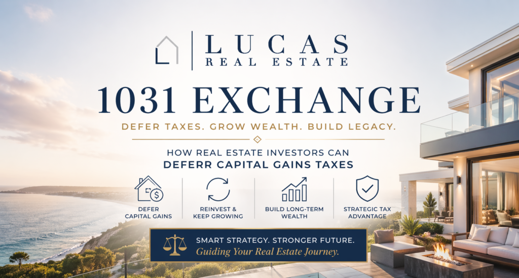 Luxury coastal home in Newport Beach with “1031 Exchange” headline and Lucas Real Estate logo, highlighting how real estate investors can defer capital gains taxes and build long-term wealth.