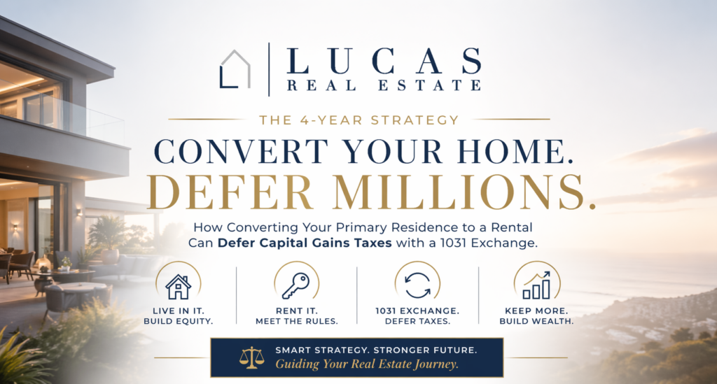 Luxury coastal home with “Convert Your Home. Defer Millions.” headline and Lucas Real Estate logo, highlighting the 4-year strategy of converting a primary residence into a rental before a 1031 Exchange to defer capital gains taxes.