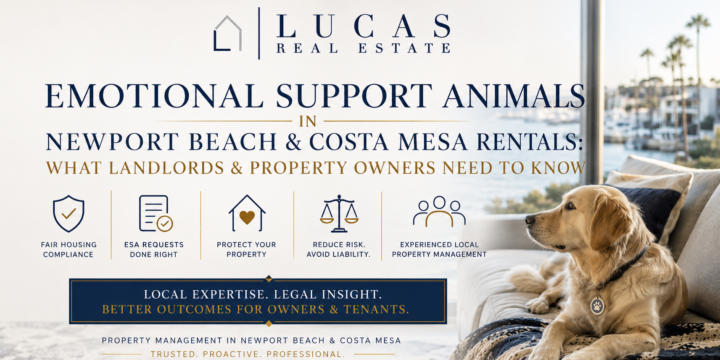 Luxury real estate and property management graphic for Newport Beach and Costa Mesa rentals featuring a golden retriever emotional support animal inside a high-end coastal home overlooking the harbor. Elegant navy and gold typography reads “Emotional Support Animals in Newport Beach & Costa Mesa Rentals: What Landlords & Property Owners Need to Know,” alongside icons highlighting fair housing compliance, ESA requests, property protection, liability reduction, and professional property management services by Lucas Real Estate.