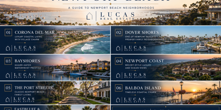 Luxury Newport Beach neighborhood guide infographic featuring panoramic coastal harbor views, upscale waterfront homes, and elegant community imagery from Corona del Mar, Dover Shores, Bayshores, Newport Coast, the Port Streets, Balboa Island, and Eastbluff & Bonita Canyon. Sophisticated navy, gold, and white design with Lucas Real Estate branding highlights the best areas of Newport Beach for luxury coastal living, family neighborhoods, and ocean-view real estate.