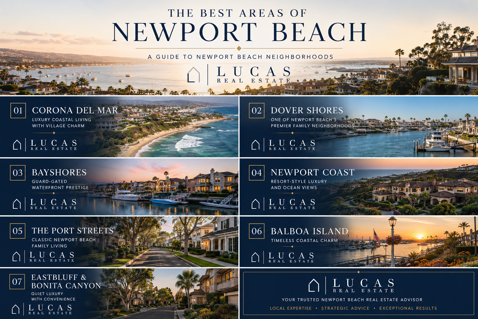 Luxury Newport Beach neighborhood guide infographic featuring panoramic coastal harbor views, upscale waterfront homes, and elegant community imagery from Corona del Mar, Dover Shores, Bayshores, Newport Coast, the Port Streets, Balboa Island, and Eastbluff & Bonita Canyon. Sophisticated navy, gold, and white design with Lucas Real Estate branding highlights the best areas of Newport Beach for luxury coastal living, family neighborhoods, and ocean-view real estate.