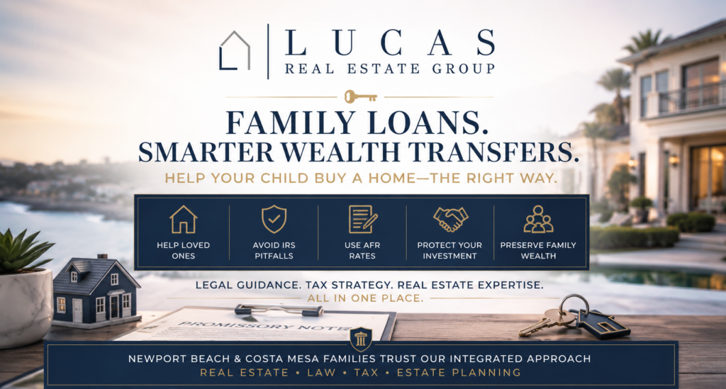 Luxury coastal home backdrop with the Lucas Real Estate Group logo and headline, "Family Loans. Smarter Wealth Transfers." The graphic highlights how Newport Beach and Costa Mesa families can help children purchase homes through properly structured family loans, IRS Applicable Federal Rate (AFR) planning, and real estate wealth transfer strategies. Visual elements include a promissory note, house keys, and icons representing legal guidance, tax strategy, investment protection, and family wealth preservation. Professional navy, gold, and white branding emphasizes the firm's unique combination of real estate, legal, tax, and estate planning expertise.