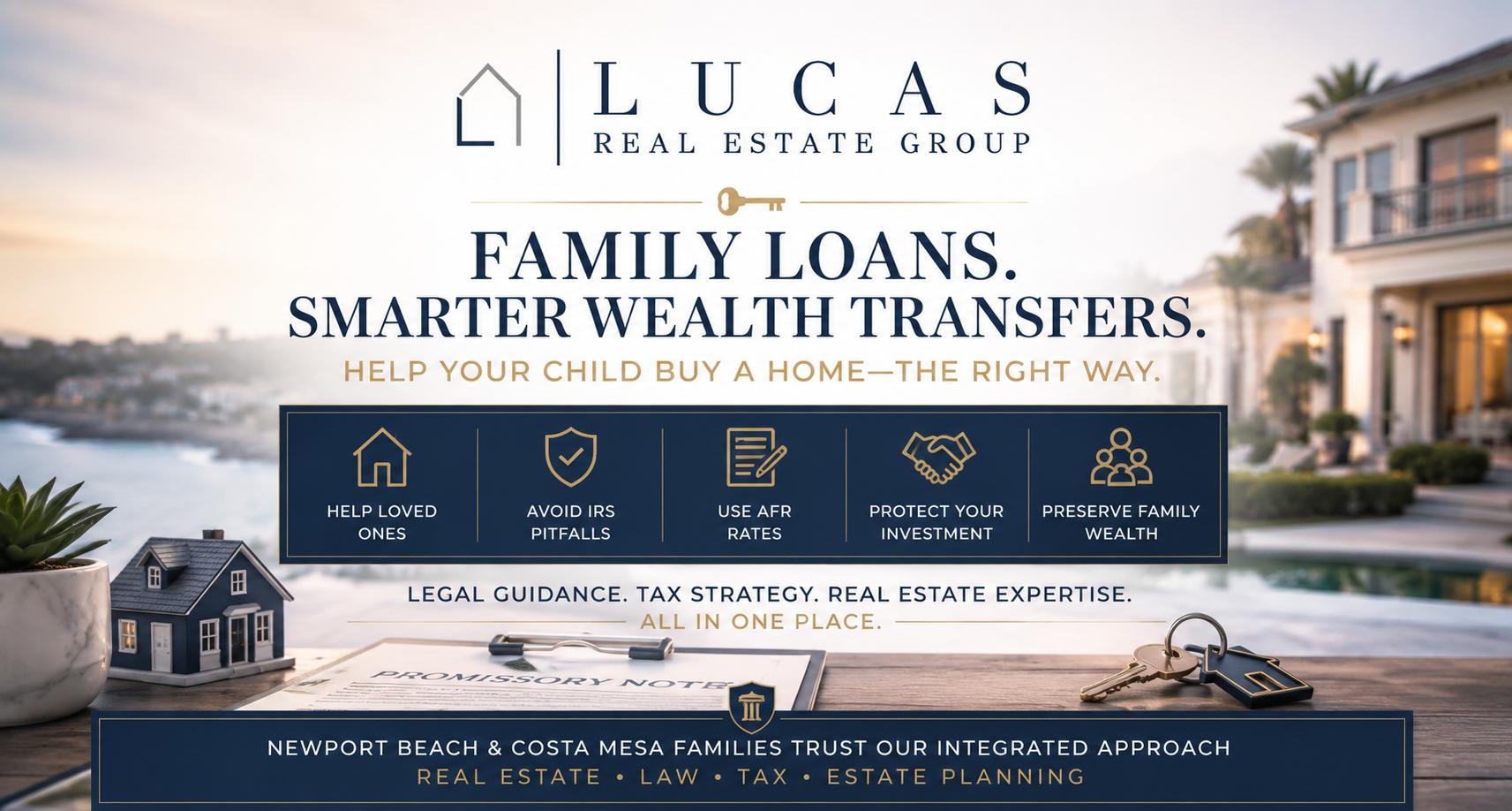 Luxury coastal home backdrop with the Lucas Real Estate Group logo and headline, "Family Loans. Smarter Wealth Transfers." The graphic highlights how Newport Beach and Costa Mesa families can help children purchase homes through properly structured family loans, IRS Applicable Federal Rate (AFR) planning, and real estate wealth transfer strategies. Visual elements include a promissory note, house keys, and icons representing legal guidance, tax strategy, investment protection, and family wealth preservation. Professional navy, gold, and white branding emphasizes the firm's unique combination of real estate, legal, tax, and estate planning expertise.