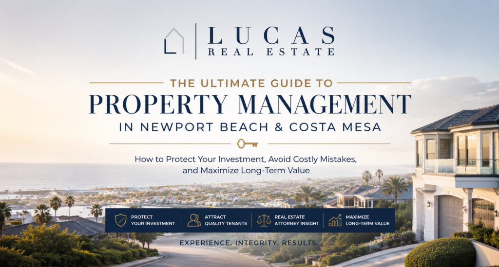 Guide to Newport Beach and Costa Mesa property management by Lucas Real Estate, featuring luxury coastal homes and expert advice on protecting your investment, attracting quality tenants, and maximizing long-term property value.