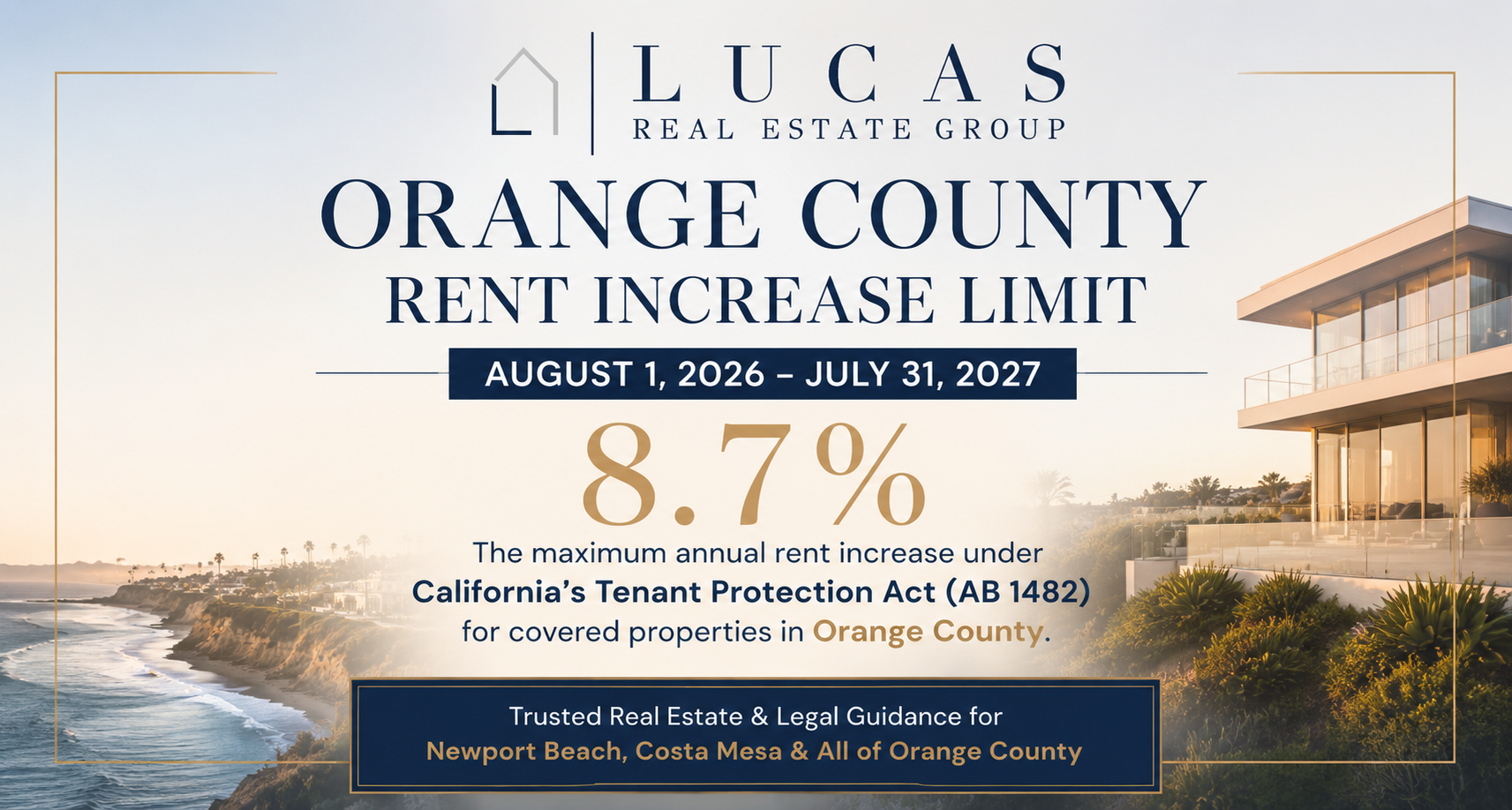 Orange County rent increase limit for 2026–2027 showing the 8.7% maximum annual rent increase under California’s Tenant Protection Act (AB 1482) for covered rental properties, presented by Lucas Real Estate Group serving Newport Beach, Costa Mesa, and Orange County.