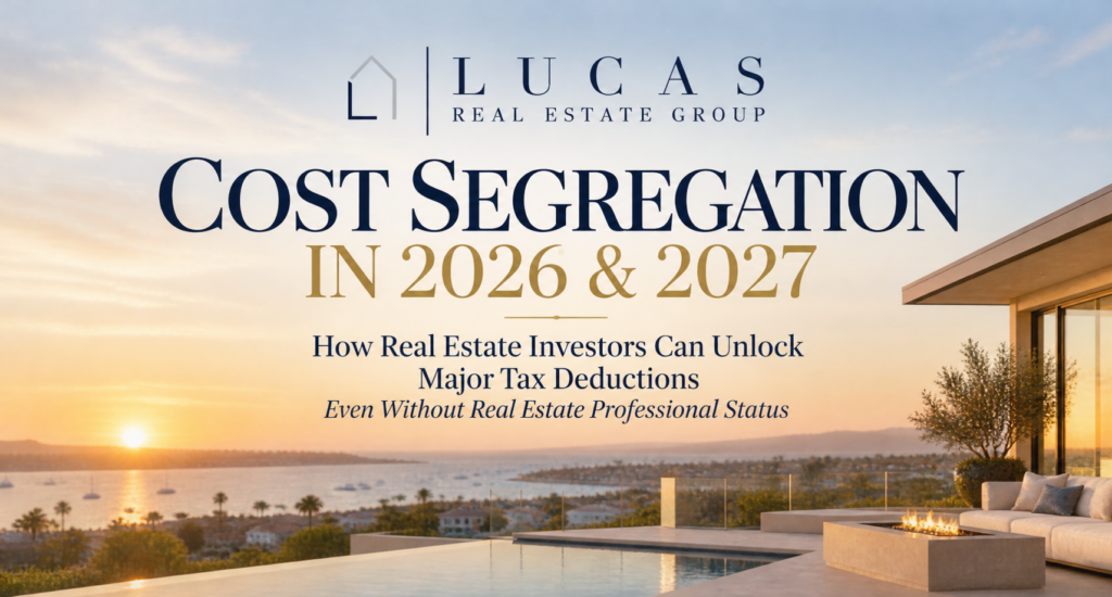Luxury Newport Beach coastal home at sunset overlooking the harbor, featuring Lucas Real Estate Group's guide to cost segregation in 2026 and 2027, bonus depreciation, and tax deductions for real estate investors without real estate professional status.