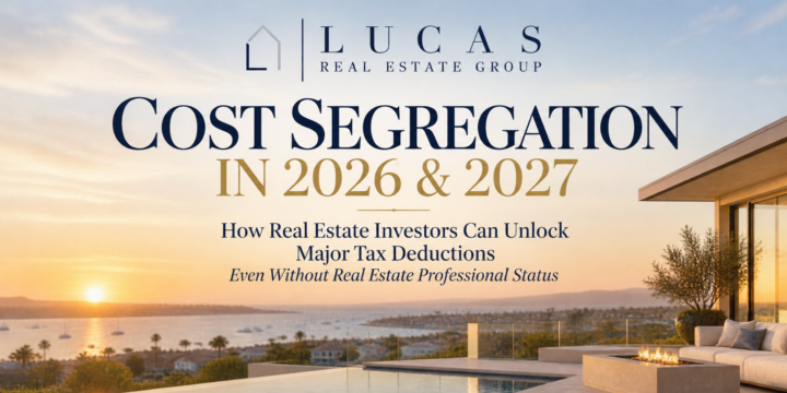 Luxury Newport Beach coastal home at sunset overlooking the harbor, featuring Lucas Real Estate Group's guide to cost segregation in 2026 and 2027, bonus depreciation, and tax deductions for real estate investors without real estate professional status.